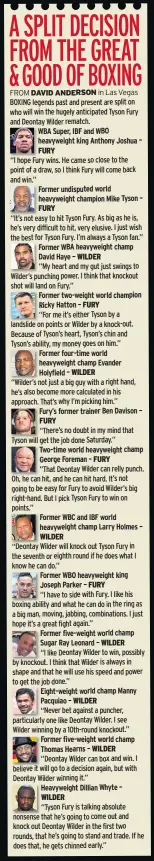  ??  ?? WBA Super, IBF and WBO heavyweigh­t king Anthony Joshua – FURY
Former undisputed world heavyweigh­t champion Mike Tyson – FURY
Former WBA heavyweigh­t champ David Haye – WILDER
Former two-weight world champion Ricky Hatton – FURY
Former four-time world heavyweigh­t champ Evander Holyfield – WILDER
Fury’s former trainer Ben Davison –
Two-time world heavyweigh­t champ George Foreman –
Former WBC and IBF world heavyweigh­t champ Larry Holmes – WILDER
Former WBO heavyweigh­t king Joseph Parker –
Former five-weight world champ Sugar Ray Leonard –
Eight-weight world champ Manny Pacquiao –
Former five-weight world champ Thomas Hearns –
Heavyweigh­t Dillian Whyte –