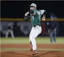  ?? Provided by Richard C. Lewis, Miami Athletics ?? Miami’s Chris McMahon, ranked as the MLB draft’s 30th-best prospect by Baseball America, pitches against Towson State in February. The Rockies selected him with the 46th overall pick.