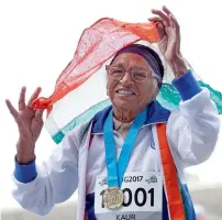  ?? AFP ?? Man Kaur celebrates after winning gold in the 100m sprint in the 100+ age category at the World Masters Games on Monday. —