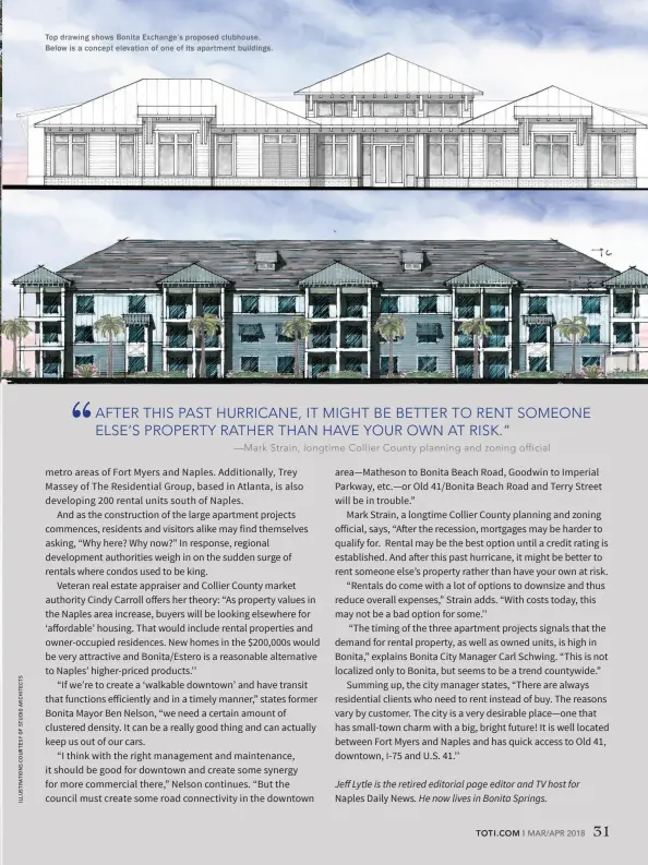  ??  ?? Top drawing shows Bonita Exchange’s proposed clubhouse. Below is a concept elevation of one of its apartment buildings.