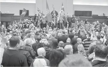  ??  ?? Protesters entered Macedonia’s parliament after the governing Social Democrats and ethnic Albanian parties voted to elect an Albanian as parliament speaker in Skopje. Macedonia. —Reuters photo