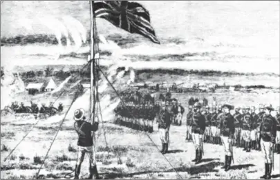  ??  ?? Members of the Pioneer Column hoist the Union Jack at Fort Salisbury in September 1890 to mark the beginning of nearly a century of colonial subjugatio­n and oppression of Zimbabwean­s