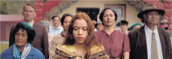  ??  ?? Cohen Holloway, Miriama Smith, Cian Elyse White and Hariata Moriarty at Te Waiiti Marae in a scene from the movie Cousins.