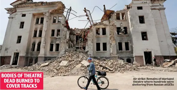  ?? ?? Air strike: Remains of Mariupol theatre where hundreds were sheltering from Russian attacks