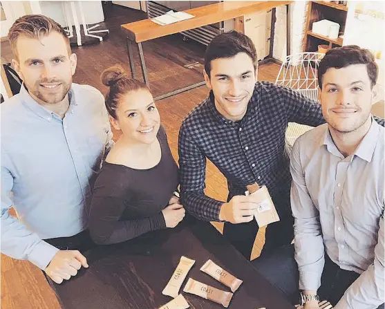  ??  ?? Founder Dylan Jones, left, research and developmen­t head Stefanie Di Giovanni, co-founder and creative director John Larigakis and co-founder and marketing director Chris Baird have teamed up on Coast Protein, a company that focuses on edible insects...