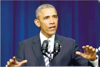  ?? (AP FOTO) ?? VIOLENT EXTREMISM. President Barack Obama speaks in the Eisenhower Executive Office Building in the White House Complex in Washington during the White House Summit on Countering Violent Extremism to highlight domestic and internatio­nal efforts to...