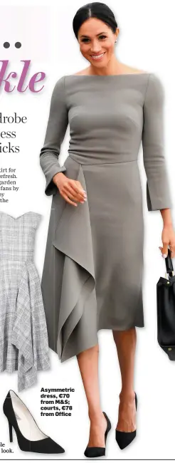  ??  ?? Asymmetric dress, €70 from M&amp;S; courts, €78 from Office
