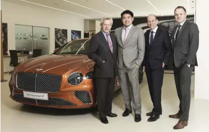  ??  ?? (From left): UK Prime Minister’s Trade Envoy Richard Graham, Bentley Manila President Benedicto Coyiuto, UK Ambassador Daniel Pruce, and UKTI Director Richard Colley with the new Bentley Continenta­l GT