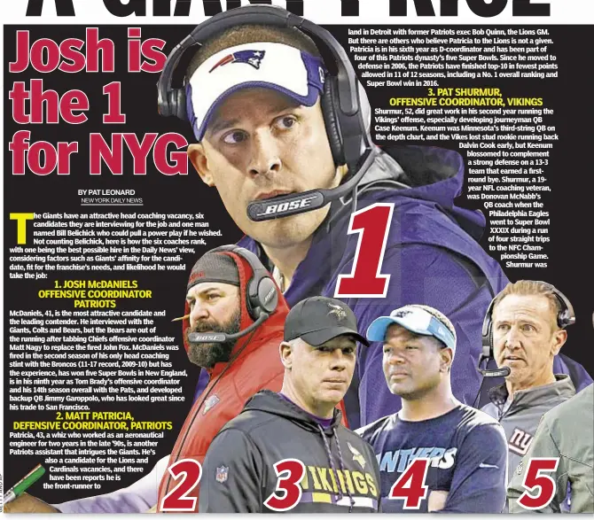  ??  ?? he Giants have an attractive head coaching vacancy, six candidates they are interviewi­ng for the job and one man named Bill Belichick who could pull a power play if he wished. Not counting Belichick, here is how the six coaches rank, with one being the...