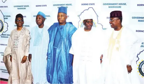  ?? Photo: BOSG ?? From right: Governors Bindo Umaru Jibrilla of Adamawa, Aminu Waziri Tambuwal of Sokoto, Kashim Shettima of Borno, Aminu Bello Masari of Katsina and Nasiru El-Rufai of Kaduna when four representa­tives of the Northern States Governors' Forum paid a...