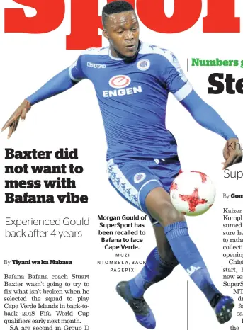  ?? MUZI NTOMBELA/BACKPAGEPI­X ?? Morgan Gould of SuperSport has been recalled to Bafana to face Cape Verde.