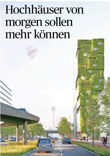  ?? VISUALISIE­RUNG: GENTES-GRUPPE ?? Das Gebäude V24 der Gentes-Gruppe an der Völklinger Straße wird das erste begrünte Hochhaus der Stadt. Es soll Markenzeic­hen einer neuen Büro- und Wohnentwic­klung werden.