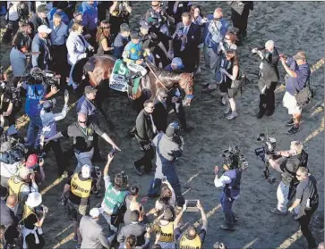  ?? Mike Stobe Getty Images ?? JOCKEY VICTOR ESPINOZA, who just missed the Triple Crown last year on California Chrome, heads to the winner’s circle on American Pharoah after winning the Belmont Stakes by 51⁄2 lengths.