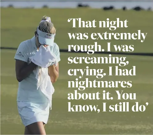  ??  ?? 0 Lexi Thompson wipes away her tears after being told that she had been hit with a four-shot penalty in last year’s ANA Inspiratio­n