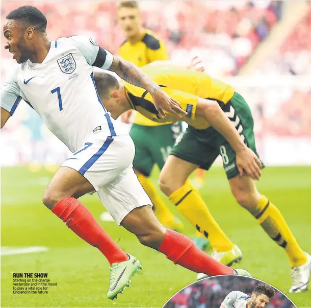  ??  ?? Sterling on the charge yesterday and in the mood to play a vital role for England in the future