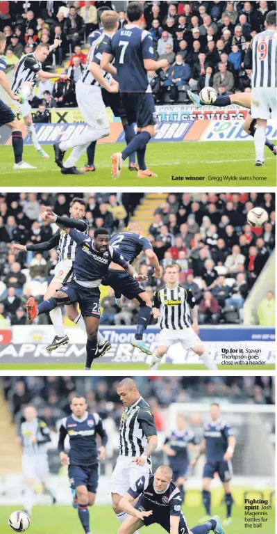  ??  ?? Late winner
Gregg Wylde slams home
Up for it Steven Thompson goes close with a header
Fighting spirit Josh Magennis battles for the ball