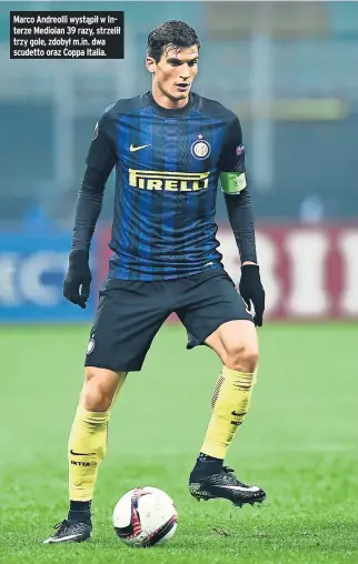  ?? ?? Marco Andreolli wystąpił w Interze Mediolan 39 razy, strzelił trzy gole, zdobył m.in. dwa scudetto oraz Coppa Italia.