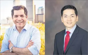  ??  ?? COMPETING IN L.A.’s 34th Congressio­nal District are Assemblyma­n Jimmy Gomez, left, and Robert Lee Ahn, a former city planning commission­er. The two Democrats have taken different paths to the runoff.