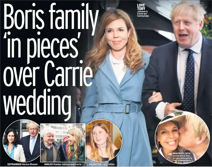  ??  ?? ESTRANGED Marina Wheeler
SMILES Stanley Johnson and Carrie
DAUGHTER Lara Lettice
LOVE TORY Johnson & Carrie are having baby
SMACKER Carrie posted Boris kiss picture announcing their engagement