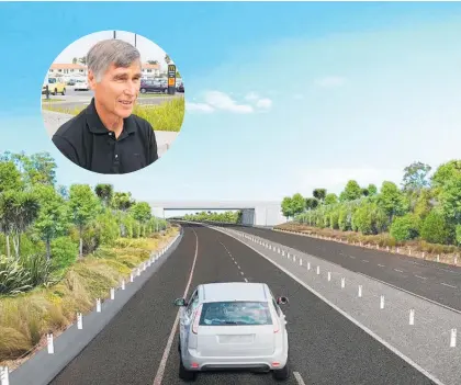  ?? Images / Supplied, NZME ?? An artist’s impression of the new interchang­e. Inset: Philip Brown says residents in Pa¯ pa¯ moa East need better tsunami evacuation routes.