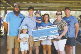  ??  ?? Presentati­on of cheque for $2500 to Andrew Tomlins from our annual Mac Daddy Charity Fundraiser: Ben Woldhuis, Andrew Tomlins, Evie Tomlins, Ryan Tomlins, Bec Eade, Kerry Mackay, Jamie Mackay.