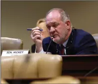  ?? (Arkansas Democrat-Gazette/Thomas Metthe) ?? Sen. Jimmy Hickey, R-Texarkana, asks a question during the Performanc­e Evaluation and Expenditur­e Review on Tuesday at the state Capitol in Little Rock.