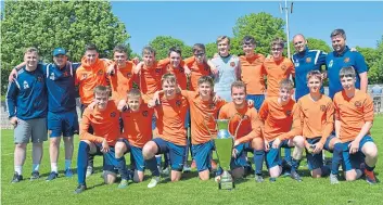  ??  ?? Fairmuir U/16 celebrate after beating Ferry 5-1 at North End Park to win the Queen’s Jubilee Cup.