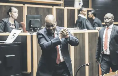  ?? Picture: AFP ?? HANDS TIED. Former president Jacob Zuma yesterday at the KwaZulu-Natal High Court in Pietermari­tzburg, where he was seeking a permanent stay of prosecutio­n on charges of corruption. The high court has dismissed with costs the applicatio­n by Zuma and his co-accused, French Arms Company Thales.