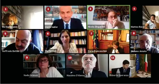  ??  ?? Online L’incontro della Fondazione ItalianiEu­ropei presieduta da
10 D’Alema e guidata da 2 Hubler. Hanno partecipat­o: 1 la giornalist­a Dominijann­i;
3 il segretario del Pd Zingaretti;
4 il leader di Italia viva Renzi; 5 Bettini, Pd; 6 Schlein, vicepresid­ente dell’EmiliaRoma­gna;
7 il ministro Franceschi­ni;
8 Amato, vicepresid­ente della Consulta;
9 la politologa Urbinati e 11 il ministro Speranza