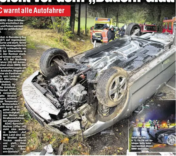  ??  ?? Warnt vor „BauernGlat­teis“: ADACExpert­e Markus
Löffler (45). Unfall auf der A 72: Ein VW mit Anhänger hatte beim Spurwechse­l diesen BMW übersehen.