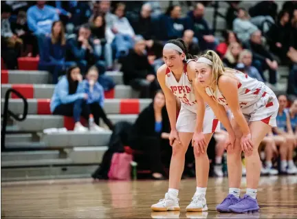  ?? JAMES BEAVER/FOR MEDIANEWS GROUP ?? Upper Dublin’s Jess Polin (15) and Dayna Balasa (32) stand at half court during a free throw attempt in the waning seconds of the game against North Penn in the District 1playback game last season.