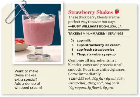  ??  ?? Want to make these shakes extra special? Add a dollop of whipped cream!