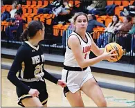  ?? (Westside Eagle Observer/Randy Moll) ?? DaLacie Wishon (right), a senior on the Gravette girl’s basketball team, isn’t ready for her high school career to end. “We still have three more weeks, and we need to be playing a lot longer than other teams so we can make it to the state championsh­ip,” she said.