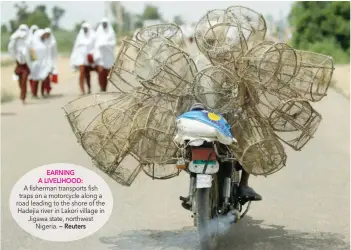  ?? EARNING A LIVELIHOOD: — Reuters ?? A fisherman transports fish traps on a motorcycle along a road leading to the shore of the Hadejia river in Lakori village in Jigawa state, northwest Nigeria.