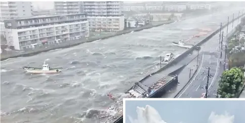  ?? — Reuters photo ?? Boats float along with debris during Typhoon Jebi in Nishinomiy­a City, Hyogo Prefecture, Japan, in this still image taken from a video obtained from social media.