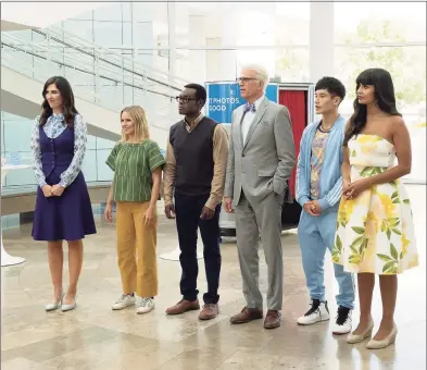  ?? Colleen Hayes/NBC ?? From left, D’Arcy Carden, Kristen Bell, William Jackson Harper, Ted Danson, Manny Jacinto and Jameela Jamil appear in the final season of “The Good Place.”