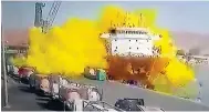  ?? Photo: AP ?? Surveillan­ce camera footage shows the explosion at the port.