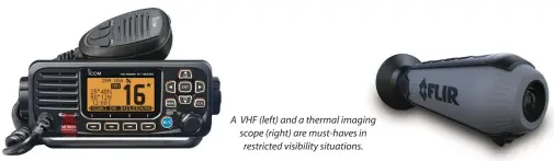  ??  ?? A VHF (left) and a thermal imaging scope (right) are must-haves in restricted visibility situations.