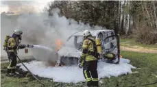  ?? FOTO: CHRISTIAN FLEMMING ?? Kurios: Unterhalb des Dachsbergs (Oberreitna­u) brennt am Waldrand ein Kleinbus völlig aus, 200 Meter weiter im Wald brennt Heu oder Stroh, daneben steht ein Anhänger. Die Brandursac­he steht mittlerwei­le fest.