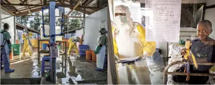  ??  ?? From left Responders are decontamin­ated at a treatment centre; Bahati Kasereka, six, in his CUBE in Beni