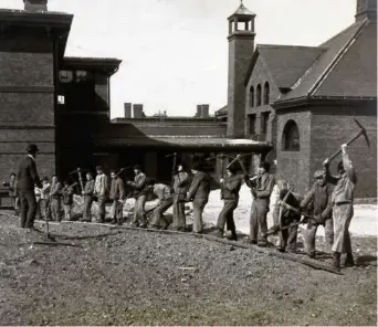  ?? COURTESY OF MASSACHUSE­TTS ARCHIVES ?? Manual labor at the Fernald, c. 1903. Boys and young men dig a new water main for the schoolhous­e and gymnasium. The man on the far left may be Walter E. Fernald.