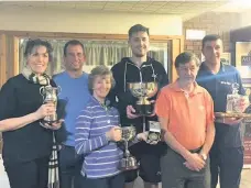  ??  ?? Masters The Bridge of Allan club had a successful event - left to right, Sabine Mackenzie, Chris Turlik (runner-up over 45s), Pauline Douglas, Andy MacBean, John McLaren and Andy Meldrum