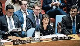  ?? DREW ANGERER/GETTY ?? Nikki Haley, U.S. ambassador to the U.N., speaks at Monday’s Security Council meeting.