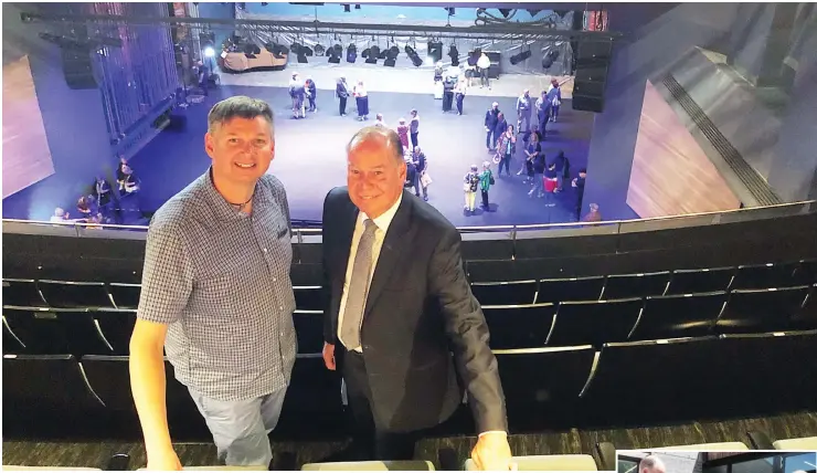  ??  ?? Cr Michael Leaney gives Member for McMillan Russell Broadbent a tour of the new facility, impressed by the stage view from the new balcony seating.