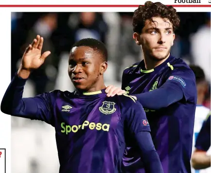  ?? AFP ?? Purple patch: Lookman celebrates his first goal with fellow Everton youngster Fraser Hornby