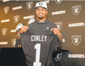  ?? RAY CHAVEZ/STAFF ?? The Raiders showed off first-round pick Gareon Conley, a cornerback from Ohio State, at their Alameda headquarte­rs on Friday.