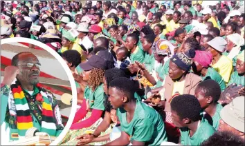  ??  ?? This picture collage shows Vice Presidents Constantin­o Chiwenga and Kembo Mohadi (left and right insets) addressing thousands of ZANU-PF supporters at Tengwe Country Club in Hurungwe East and at Chiunye Primary School in Mt Darwin South, respective­ly,...