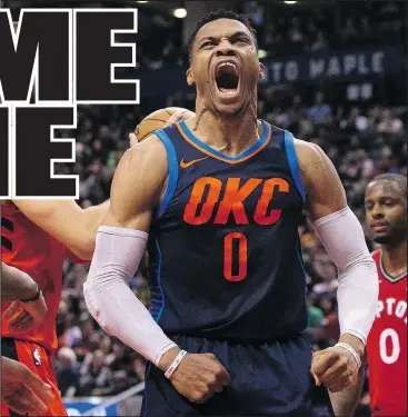  ?? CHRIS YOUNG/THE CANADIAN PRESS ?? Thunder guard Russell Westbrook (centre) celebrates after scoring against the Raptors at the ACC yesterday.