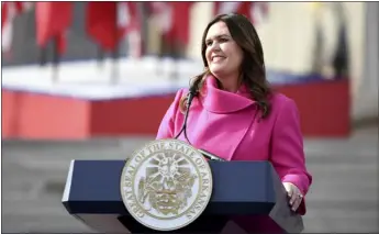  ?? WILL NEWTON — THE ASSOCIATED PRESS FILE ?? Arkansas Gov. Sarah Huckabee Sanders speaks after taking the oath of the Jan. 10 in Little Rock, Ark. Huckabee Sanders delivered the Republican response to President Joe Biden’s State of the Union address on Tuesday.