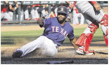  ?? LM OTERO / ASSOCIATED PRESS ?? Among the moves paying dividends for the Rangers was putting Delino DeShields at the top of the order. Since the move in late May, he has walked to lead off the first inning 13 times, and Texas went 11-2 in those games and scored 18 first-inning runs.
